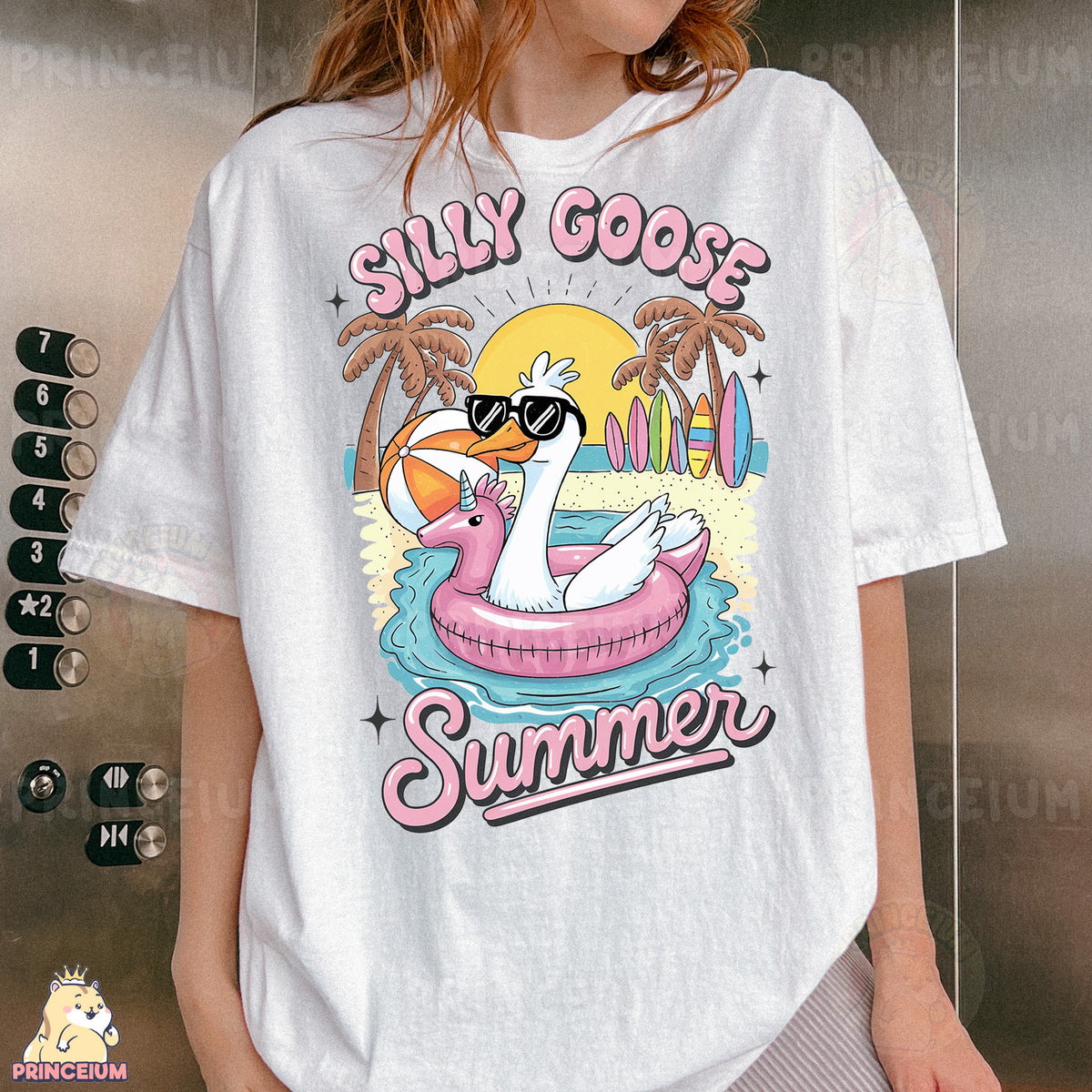 a woman wearing a silly goose t - shirt