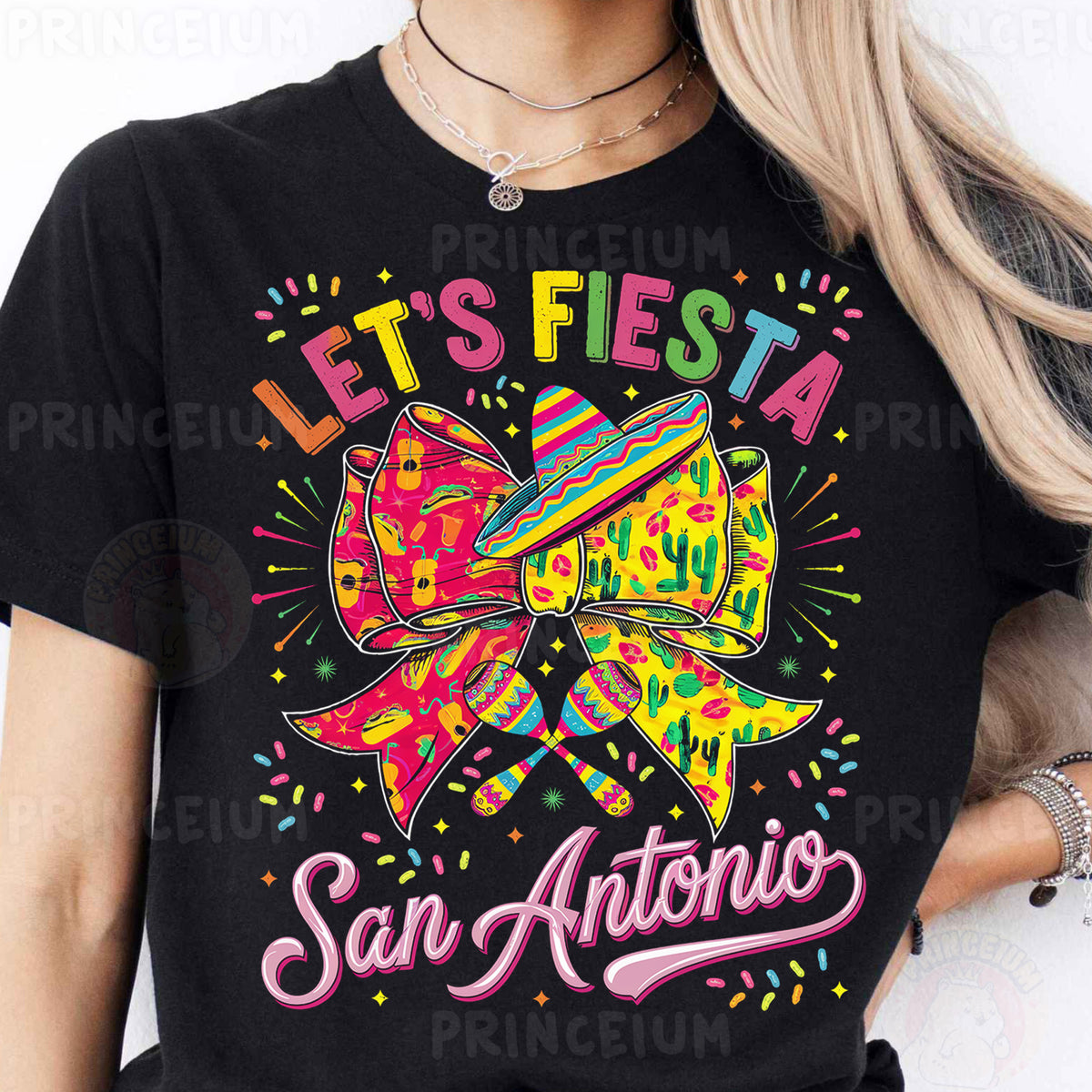 a woman wearing a black tshirt with a colorful bow