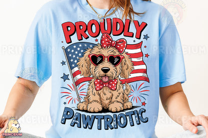 a woman wearing a t - shirt with a dog wearing sunglasses and a bow tie