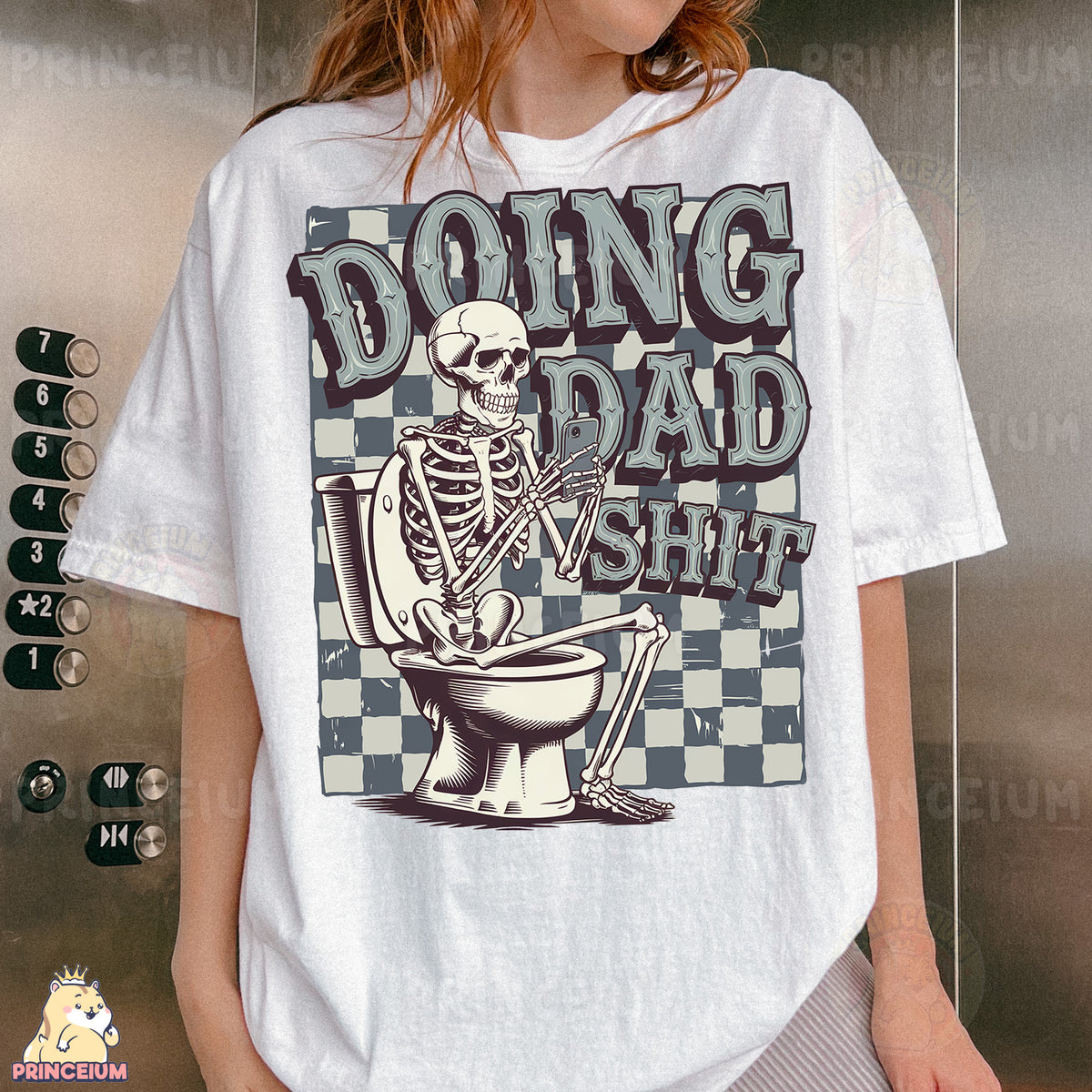 a woman wearing a white shirt with a skeleton on the toilet