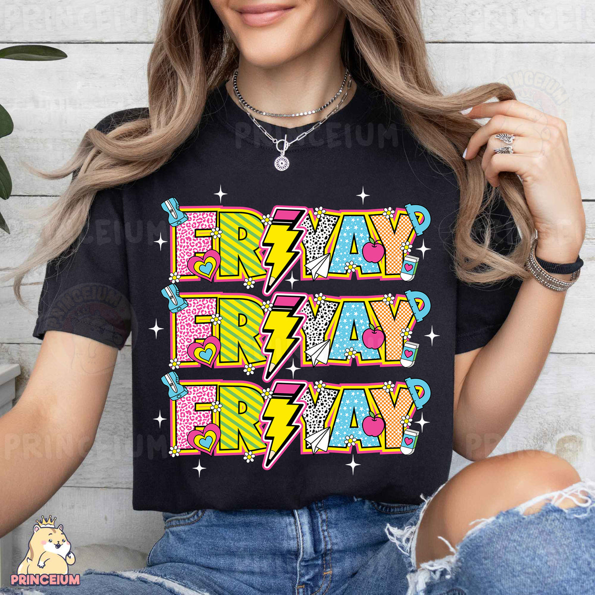 a woman wearing a black t - shirt with the words friday friday friday friday friday