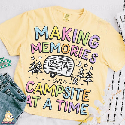 a yellow shirt that says making memories campsite at a time