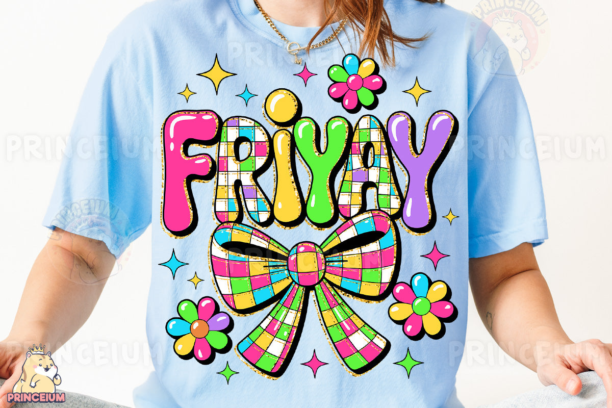 a woman wearing a t - shirt that says friyay