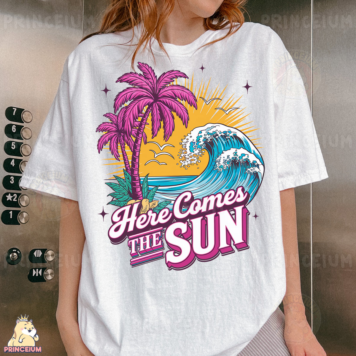 a woman wearing a t - shirt that says here comes the sun