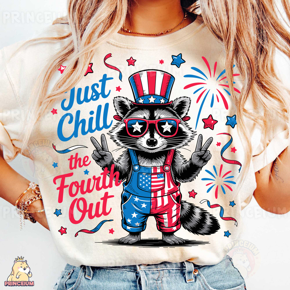 a woman wearing a t - shirt with a raccoon on it