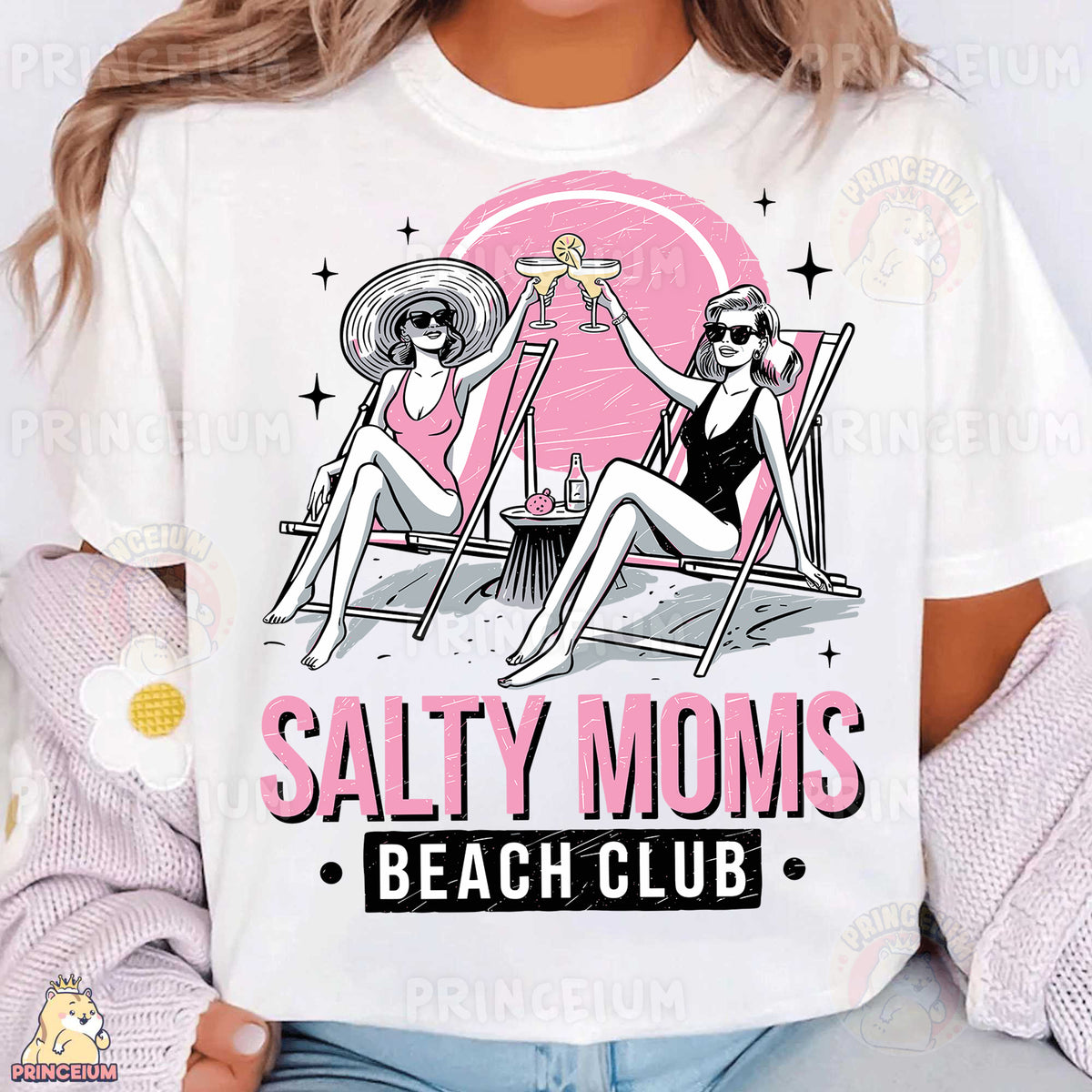 a woman wearing a t - shirt that says salty moms beach club