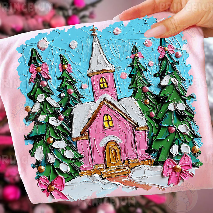 Pink Christmas Church Scene