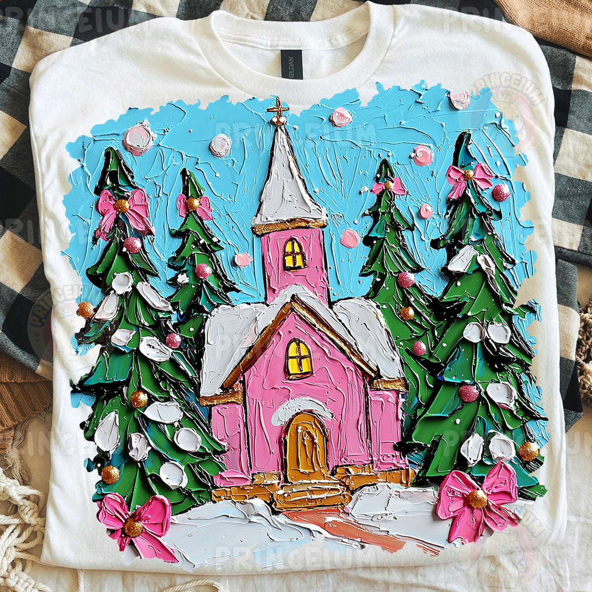 Pink Christmas Church Scene