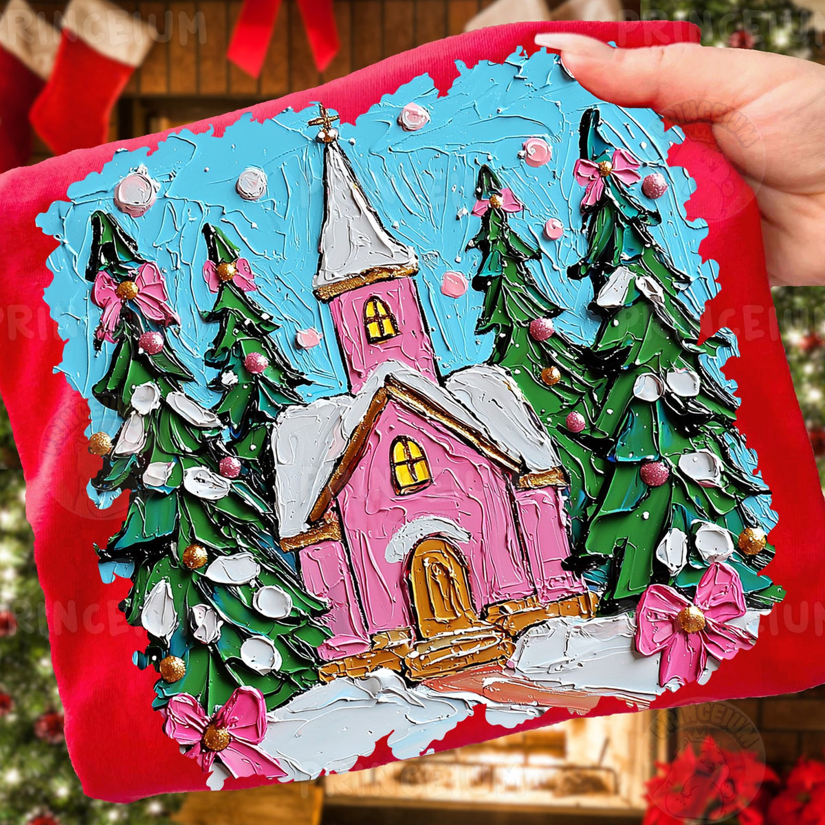 Pink Christmas Church Scene