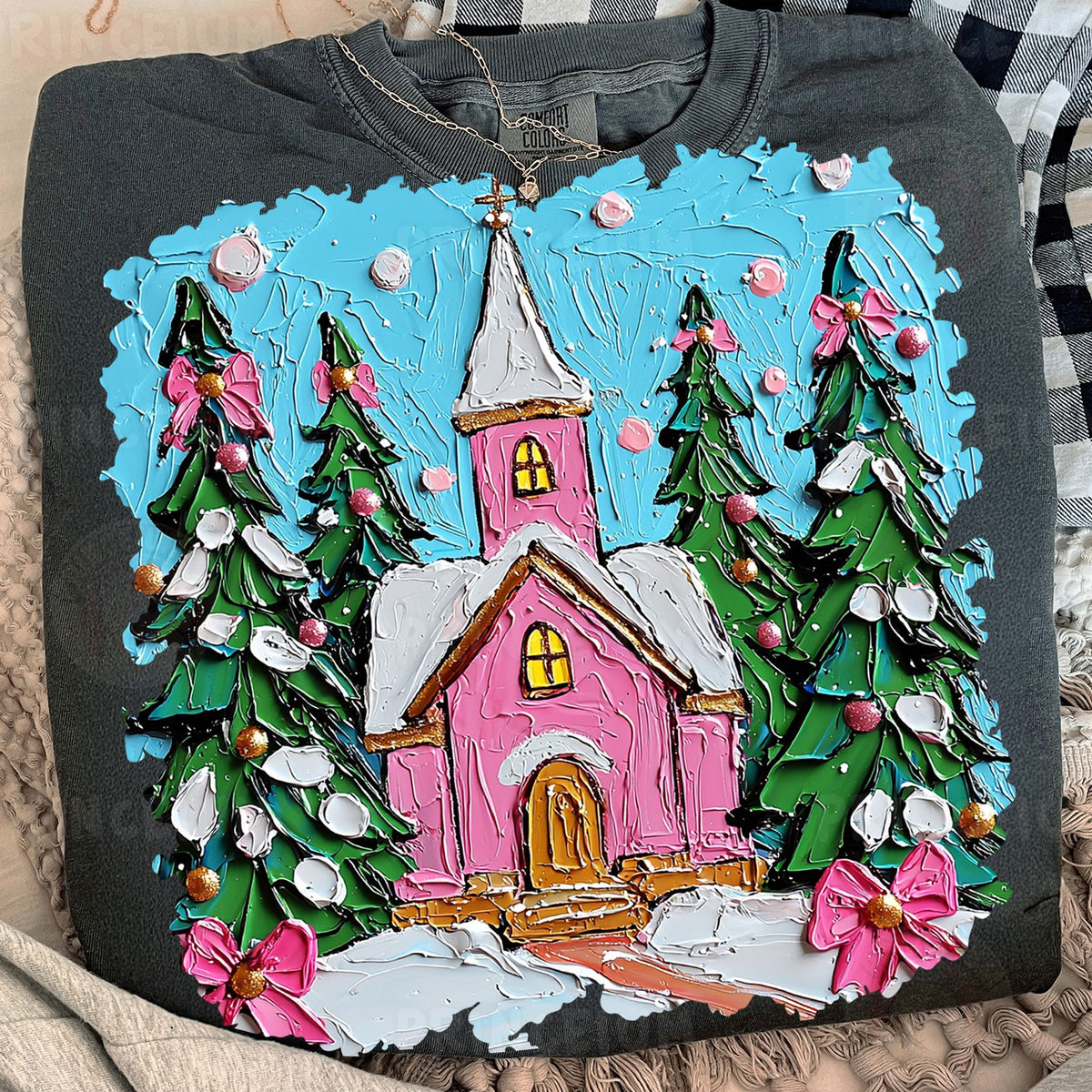 Pink Christmas Church Scene