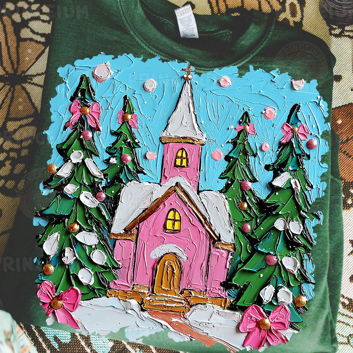 Pink Christmas Church Scene