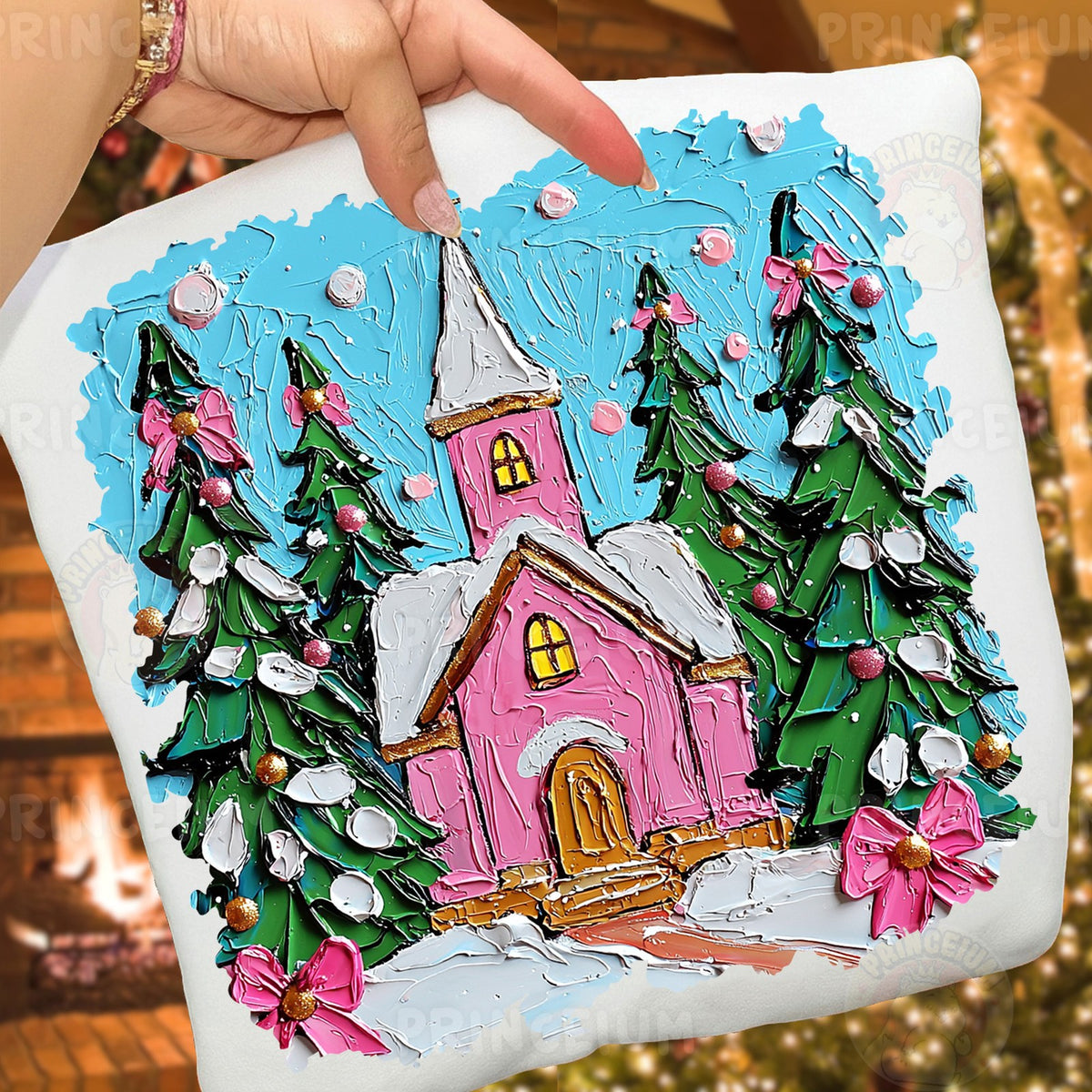 Pink Christmas Church Scene
