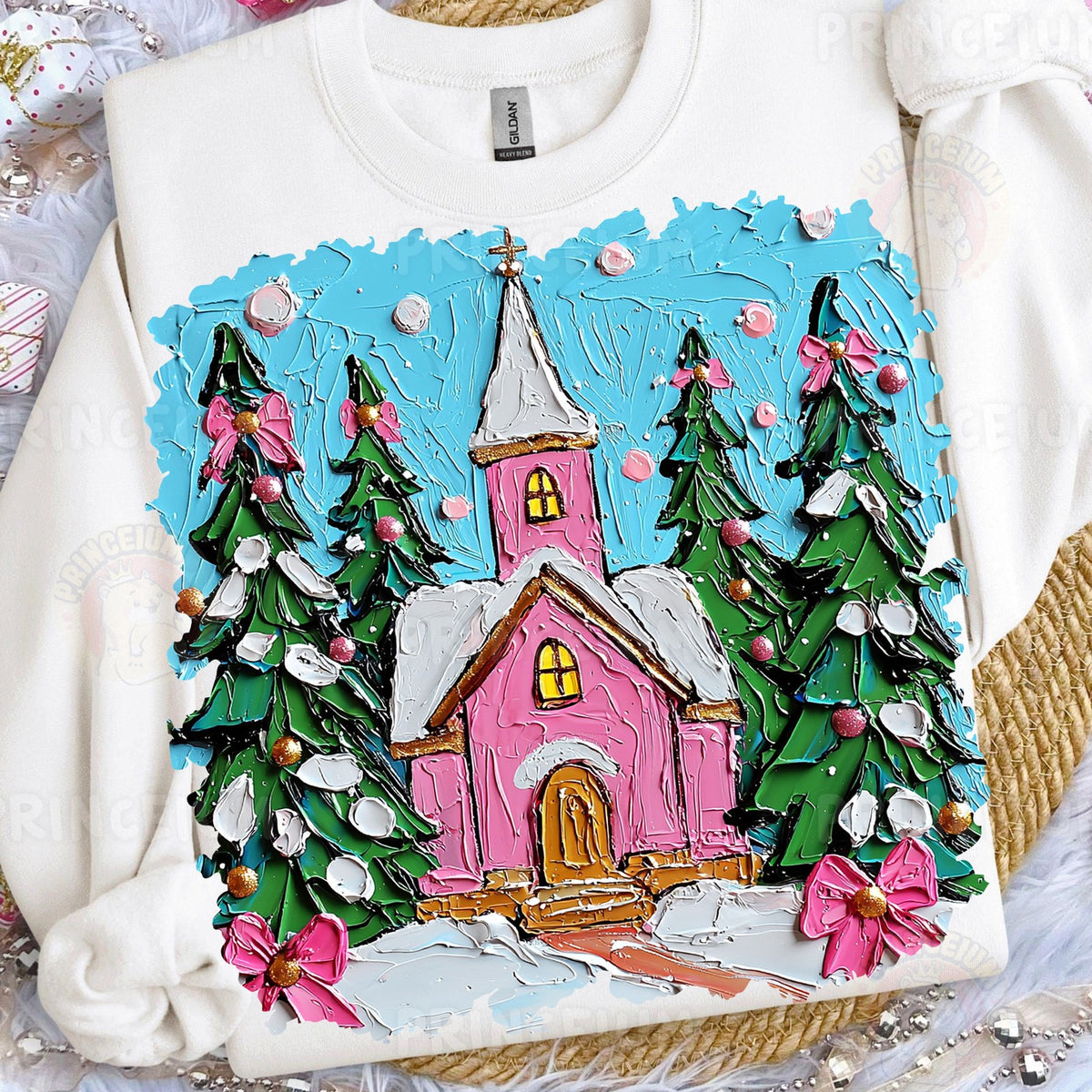 Pink Christmas Church Scene