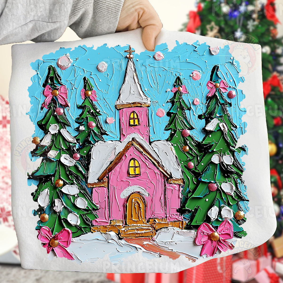 Pink Christmas Church Scene