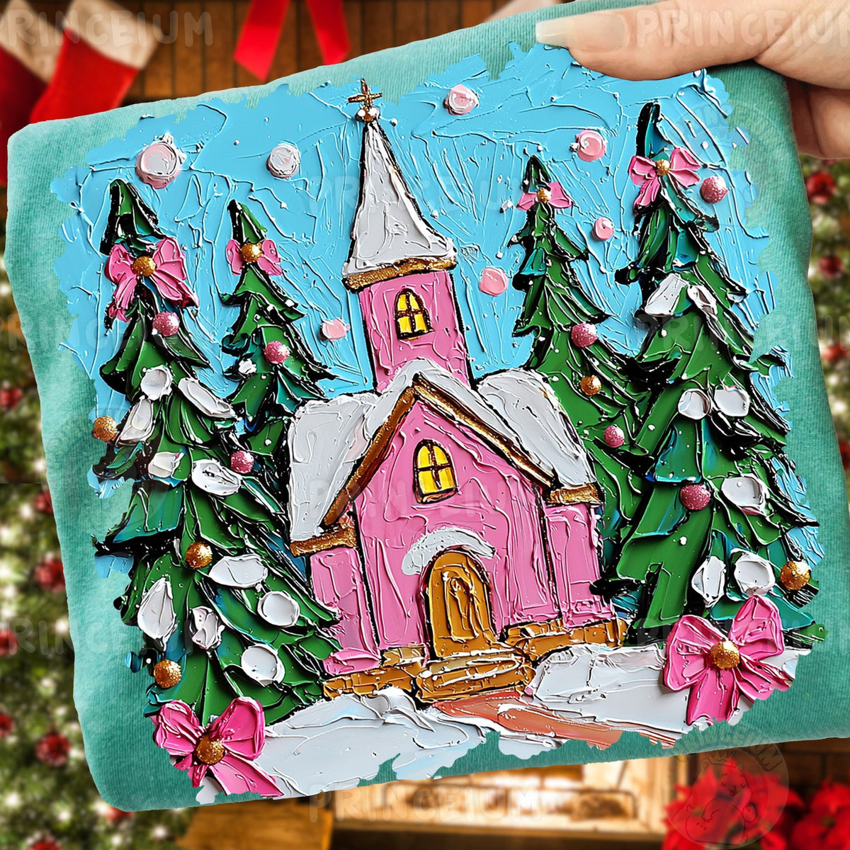 Pink Christmas Church Scene