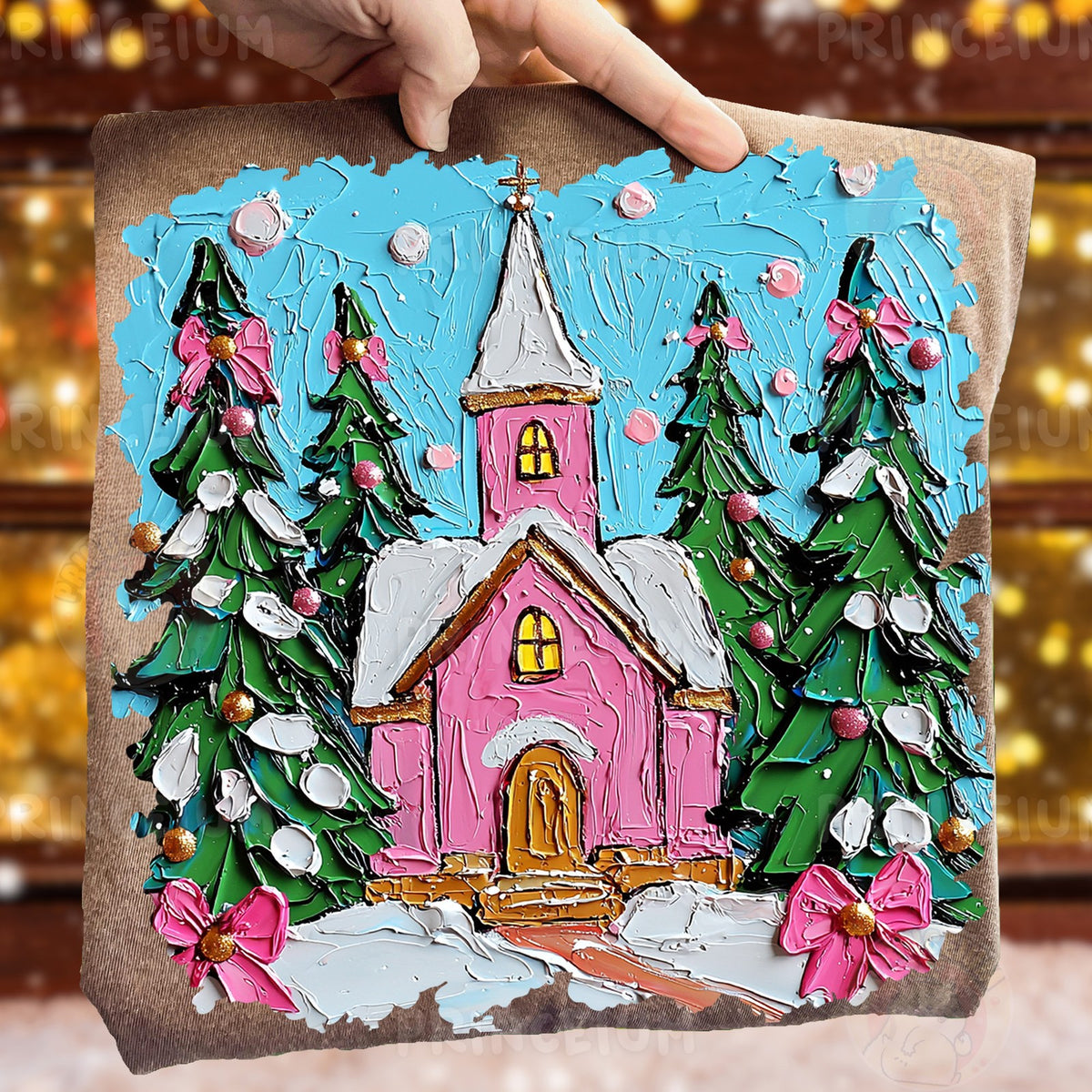 Pink Christmas Church Scene