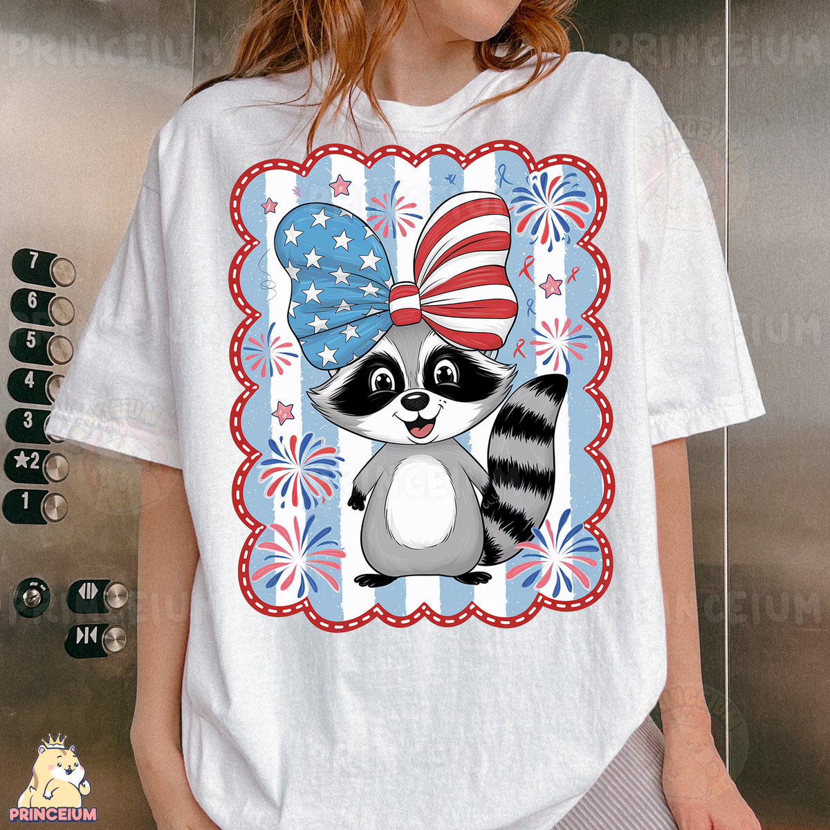 a woman wearing a t - shirt with a raccoon wearing an american flag