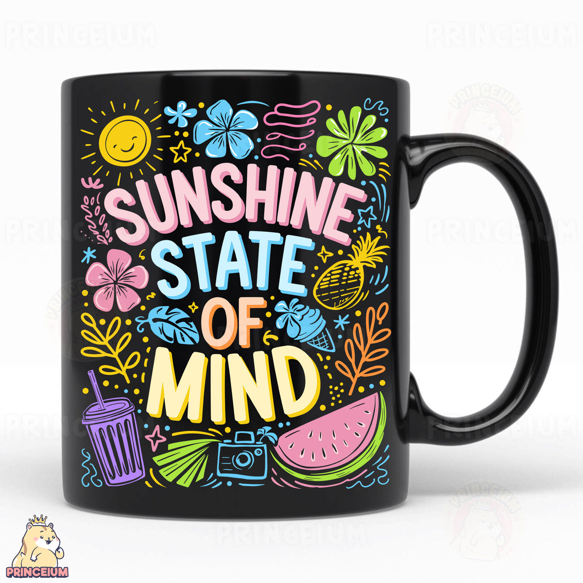 a black coffee mug with the words sunshine state of mind