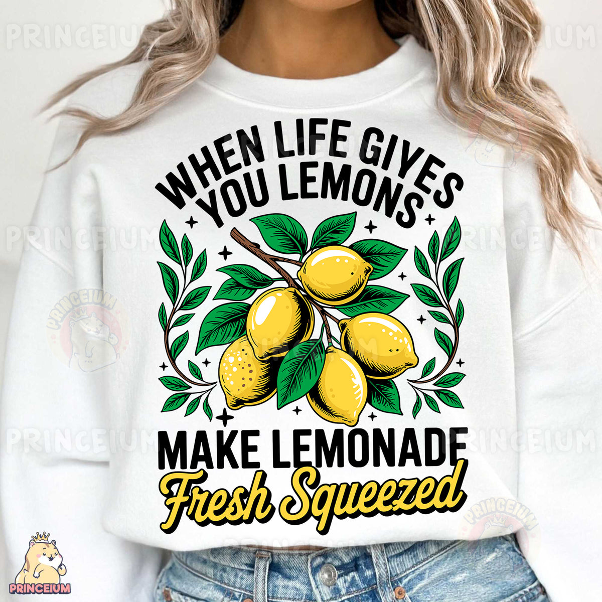 a woman wearing a white sweatshirt that says when life gives you lemons make lemon