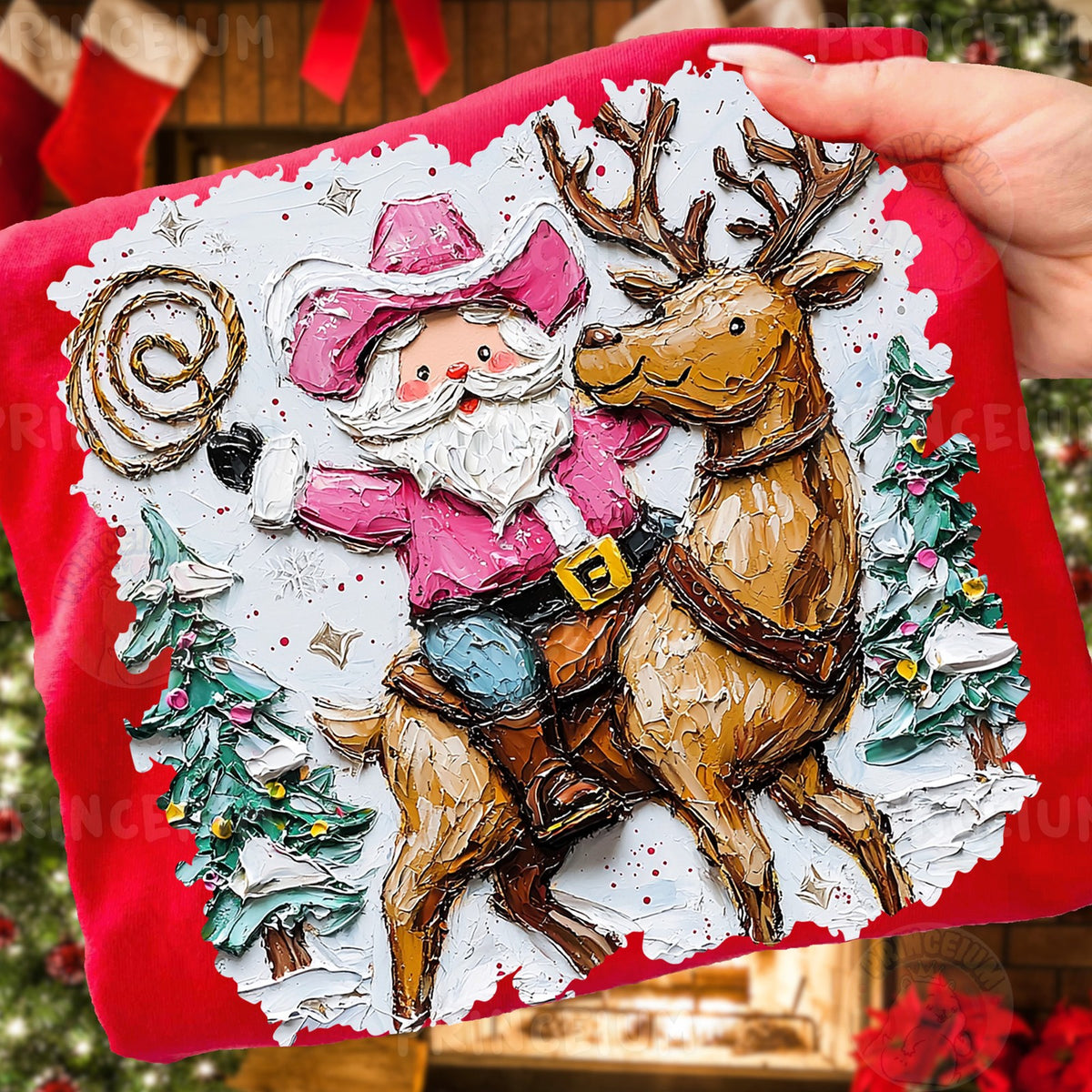 Pink Cowboy Santa Riding Reindeer