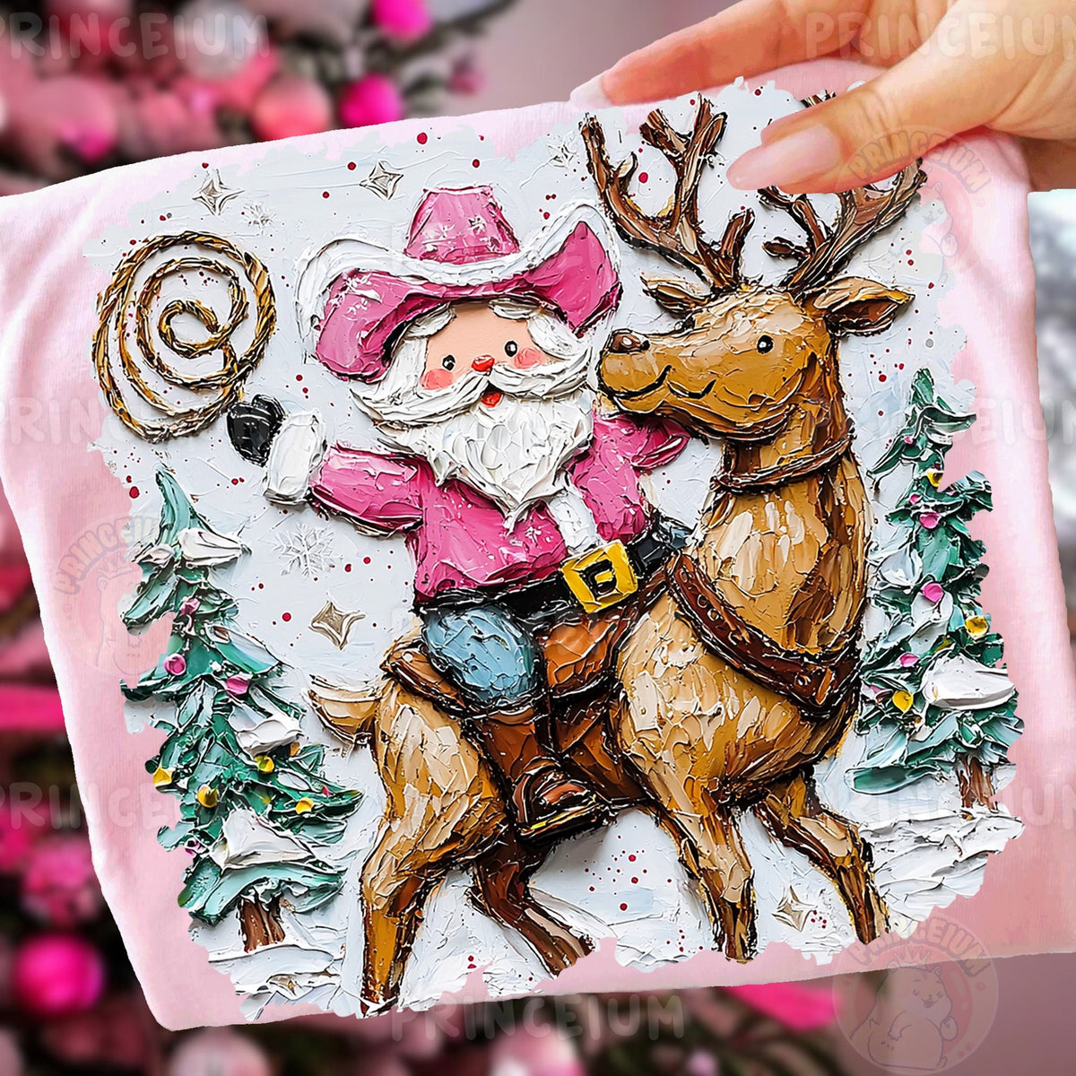 Pink Cowboy Santa Riding Reindeer