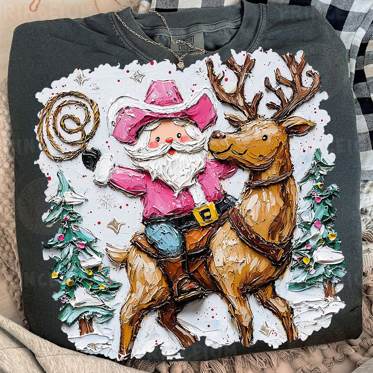 Pink Cowboy Santa Riding Reindeer