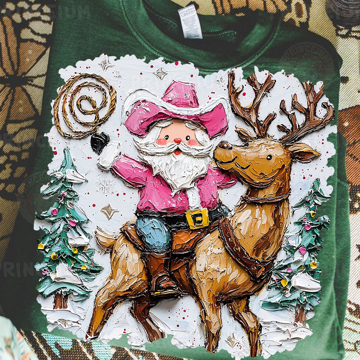 Pink Cowboy Santa Riding Reindeer