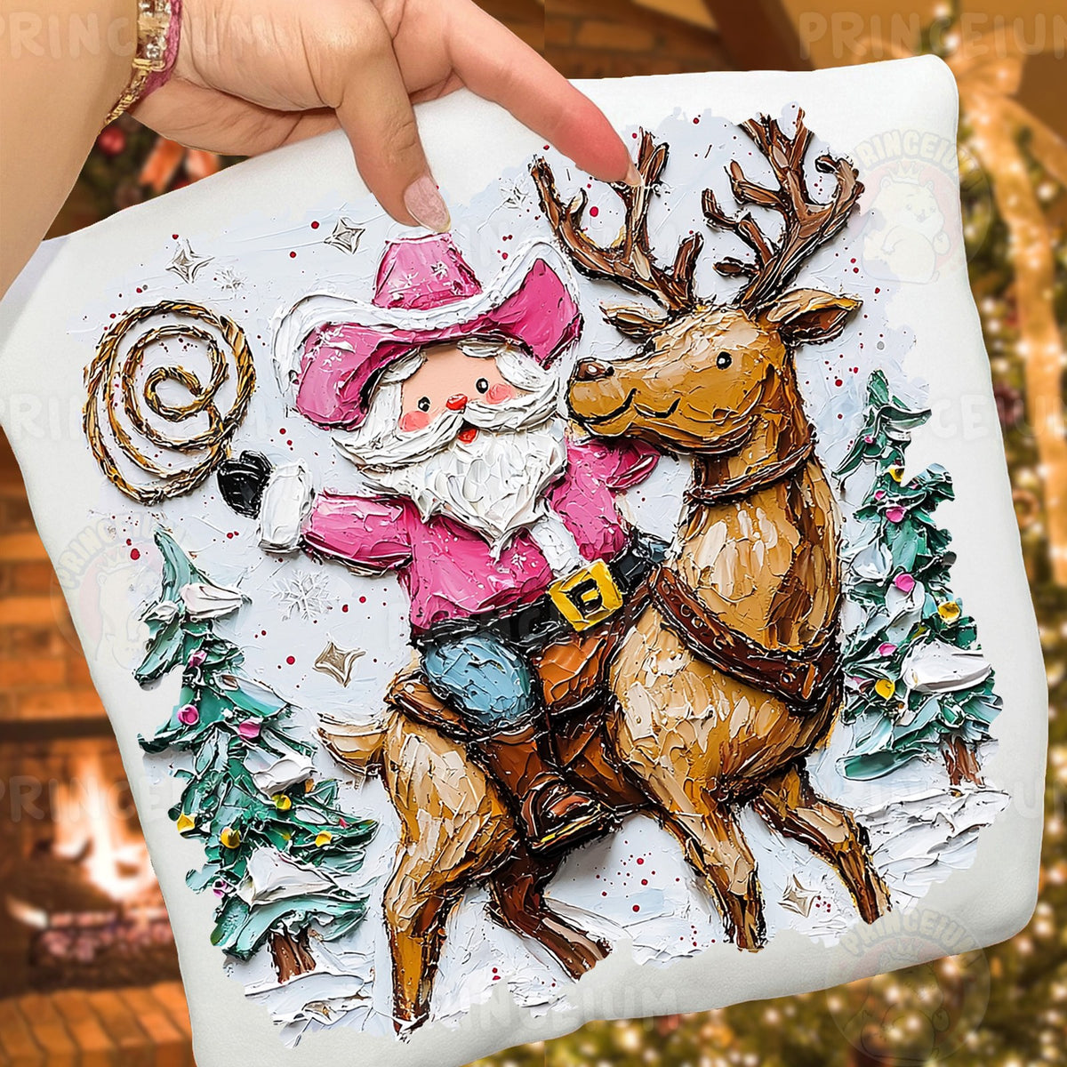 Pink Cowboy Santa Riding Reindeer