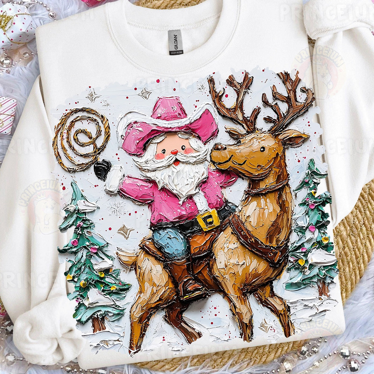 Pink Cowboy Santa Riding Reindeer