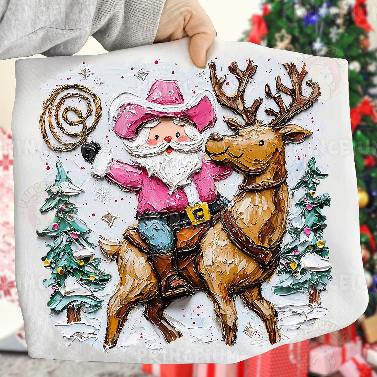 Pink Cowboy Santa Riding Reindeer