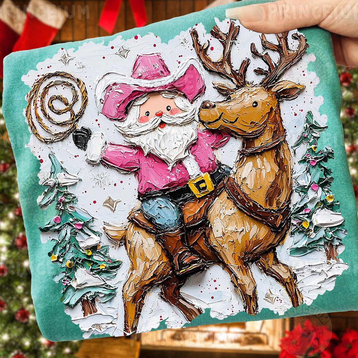 Pink Cowboy Santa Riding Reindeer
