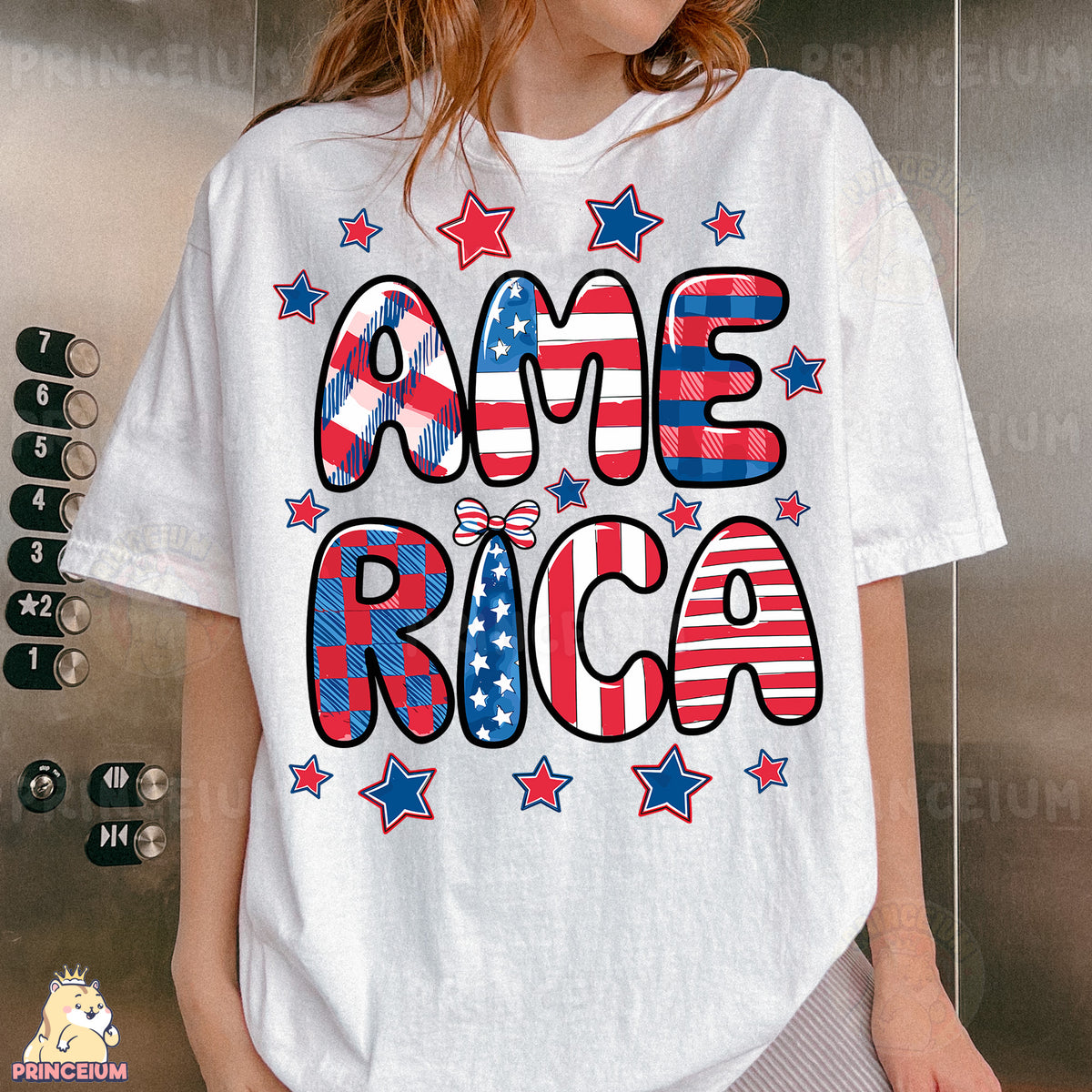 a woman wearing a white t - shirt that says ame rica