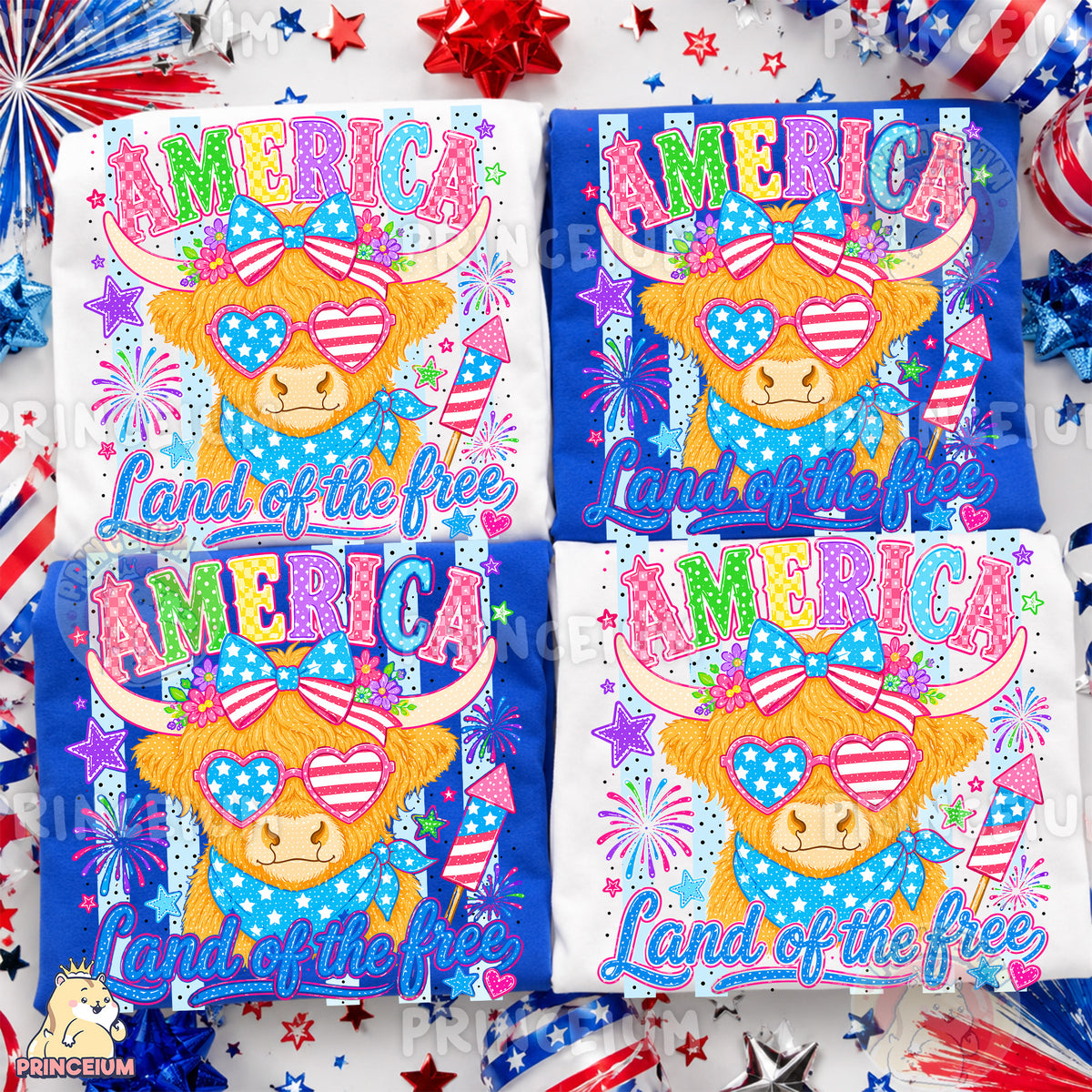 America Land of the Free PNG, Patriotic Highland Cow 4th of July Design, Americana Sublimation Graphic