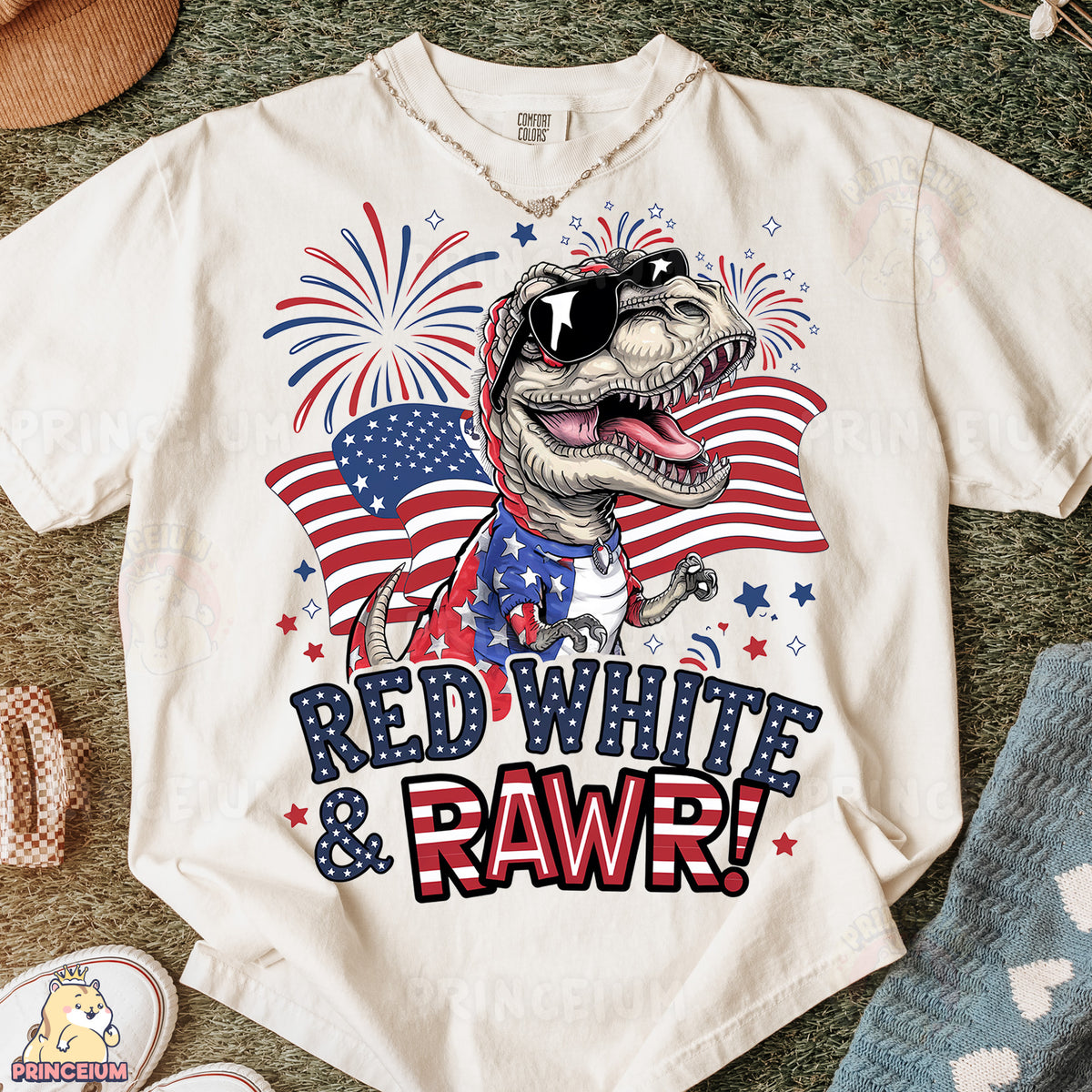 a white t - shirt with a red, white and rawr design on it