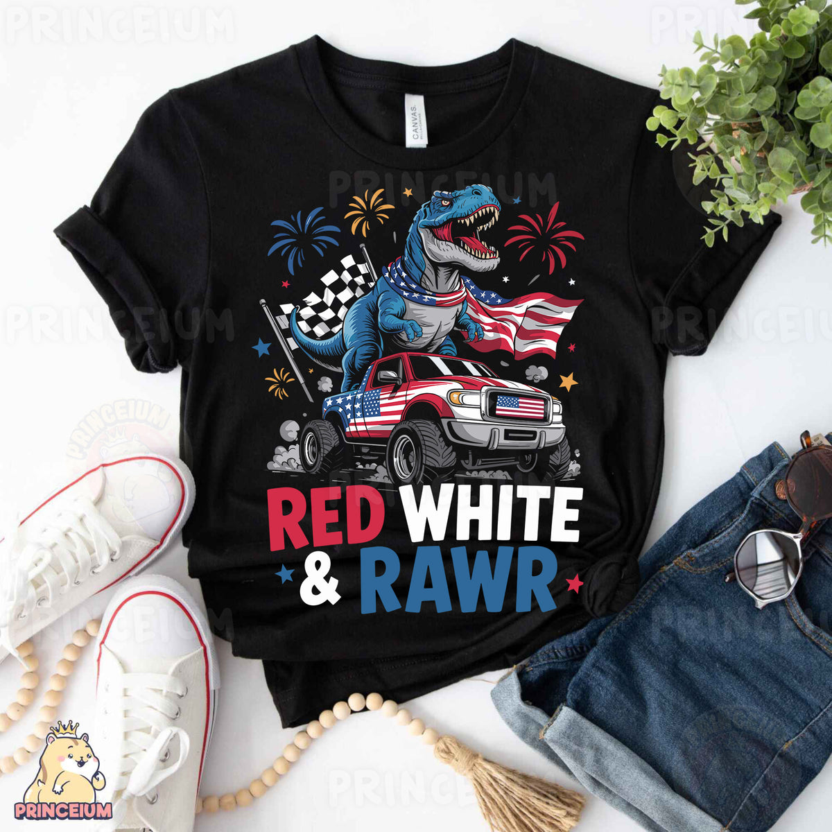 a t - shirt that says red, white and rawr with a dinosaur driving