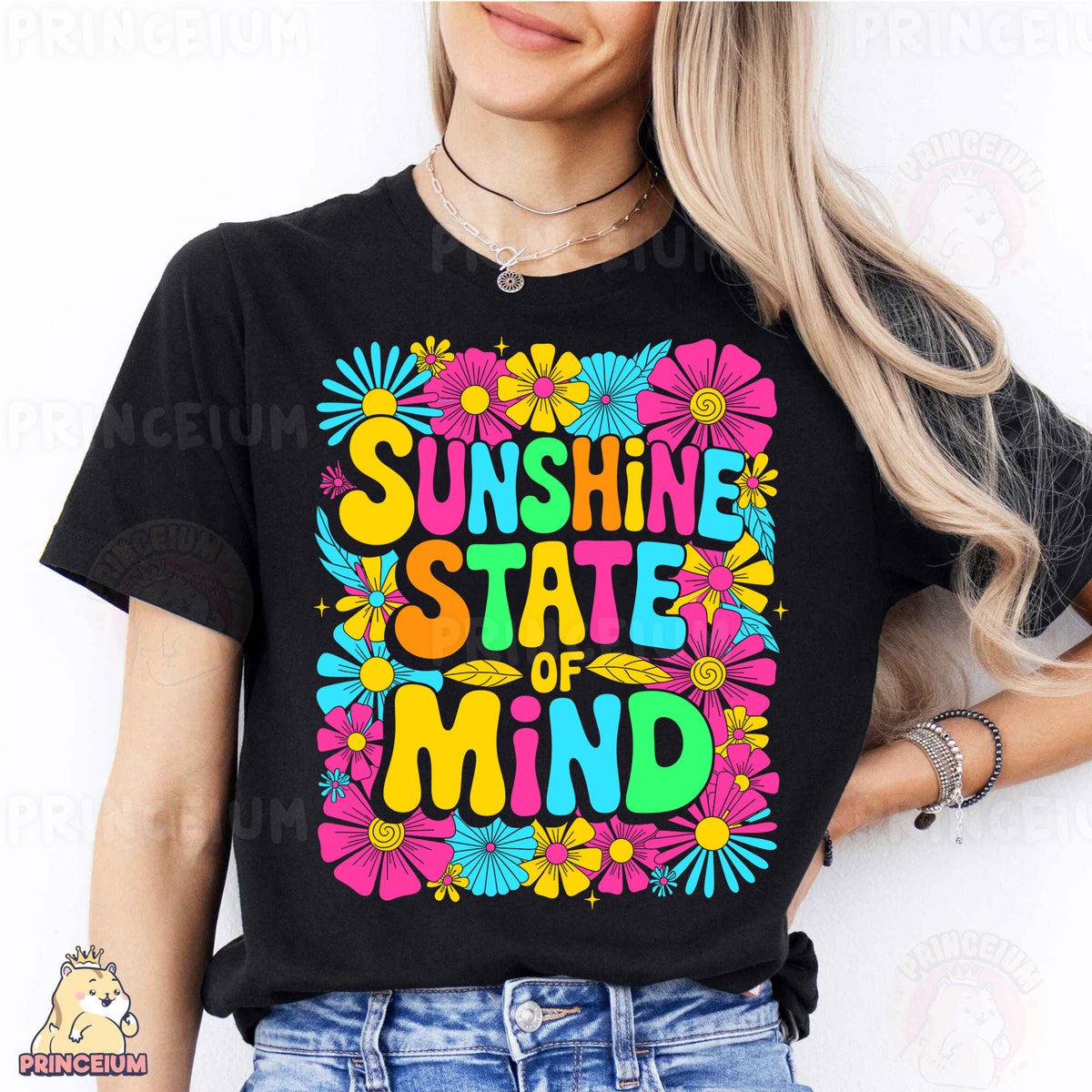 a woman wearing a black shirt that says sunshine state of mind
