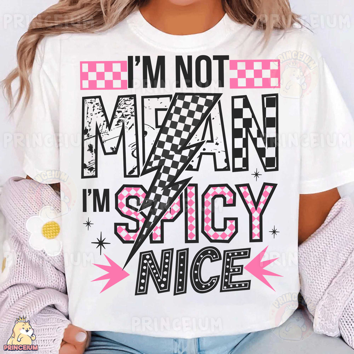 a woman wearing a t - shirt that says i'm not mean i '