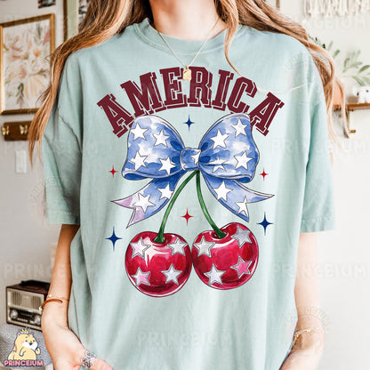 a woman wearing an american cherry t - shirt
