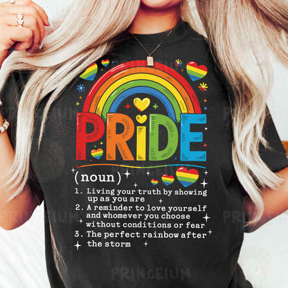 a woman wearing a black shirt that says pride