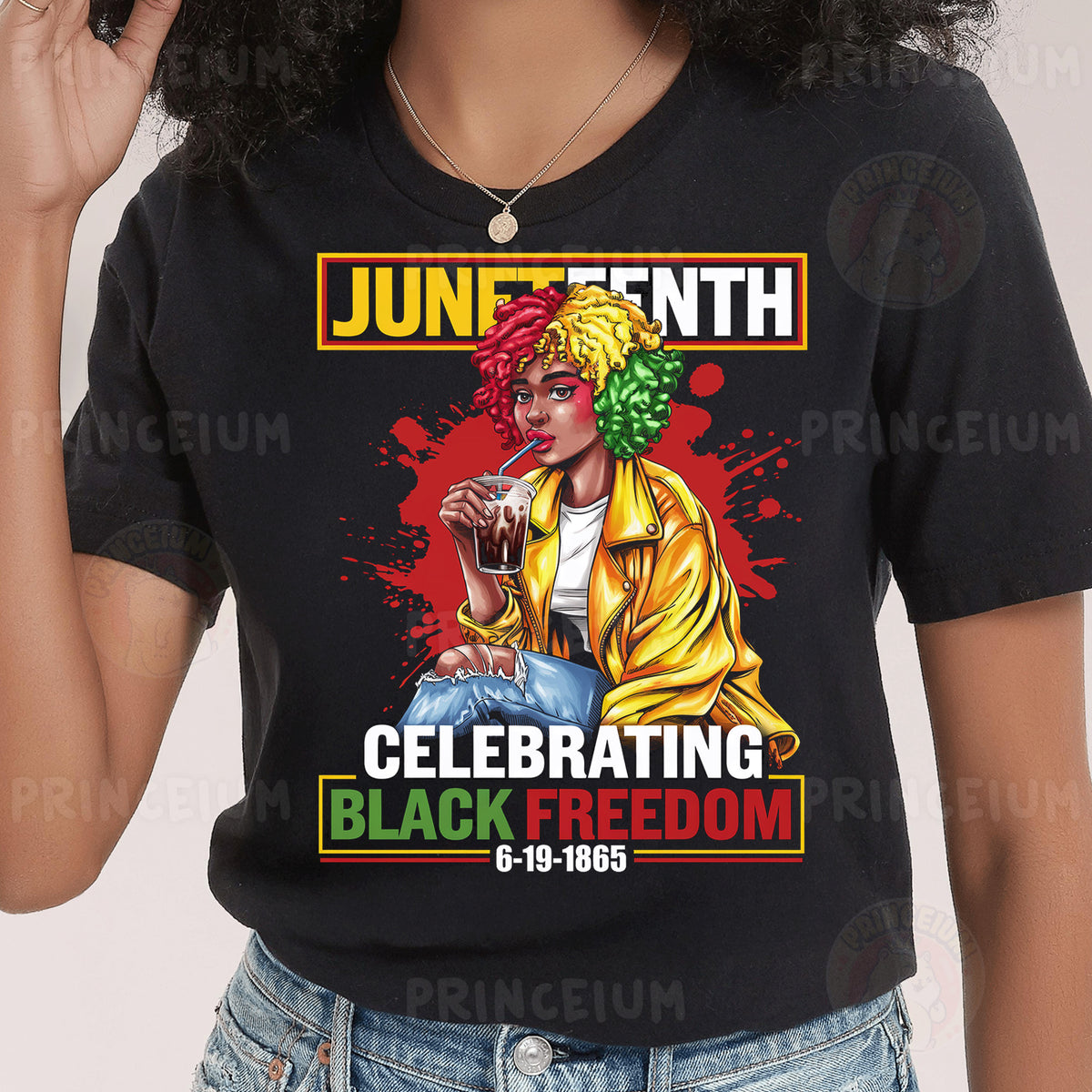 a woman wearing a black t - shirt with a picture of a woman wearing a