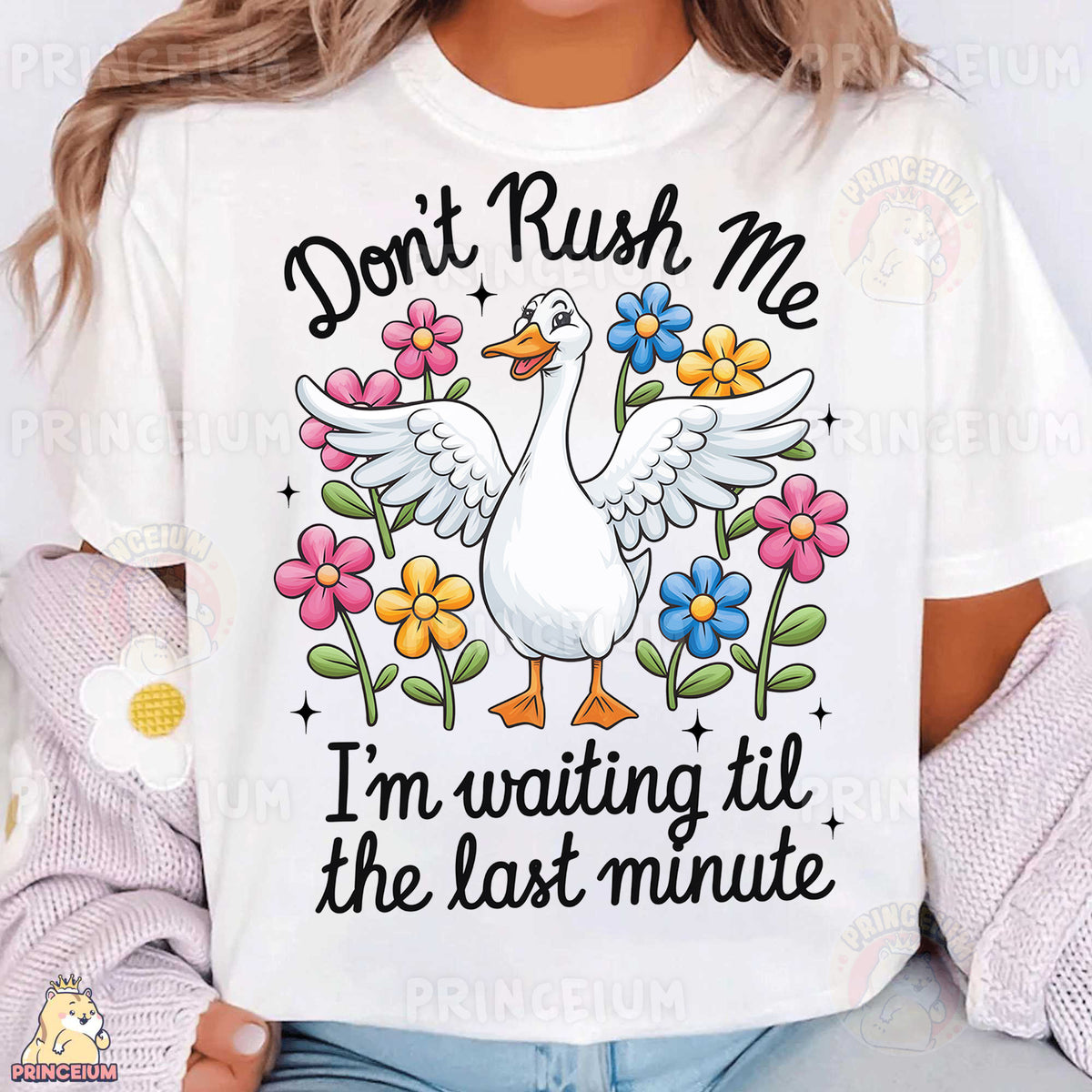 a woman wearing a t - shirt that says don't rush me i '