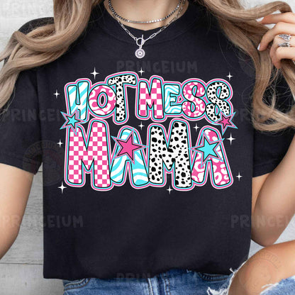 a woman wearing a black shirt that says hottie mama