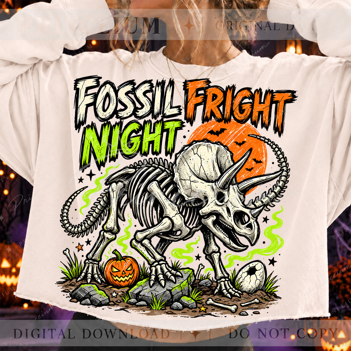 Fossil Fright Night Halloween PNG – Triceratops Skeleton Design | Digital Download