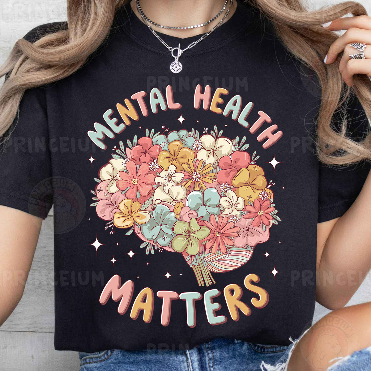 a woman wearing a t - shirt that says mental health matters