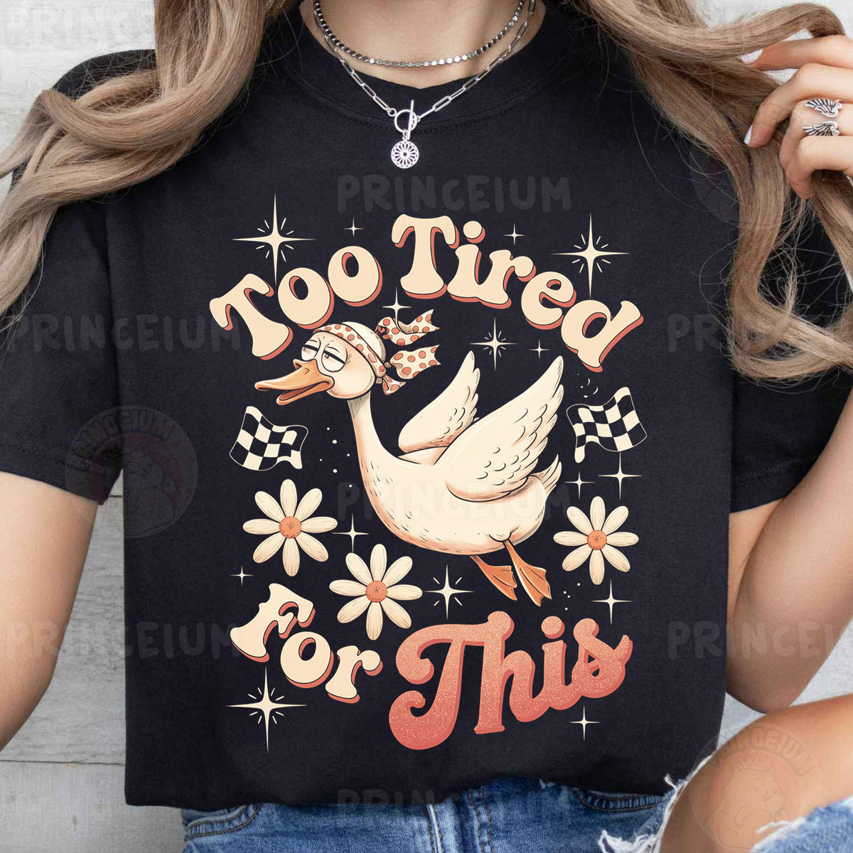 a woman wearing a t - shirt that says too tired for this