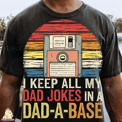 a man wearing a t - shirt that says keep all my dad jokes in a