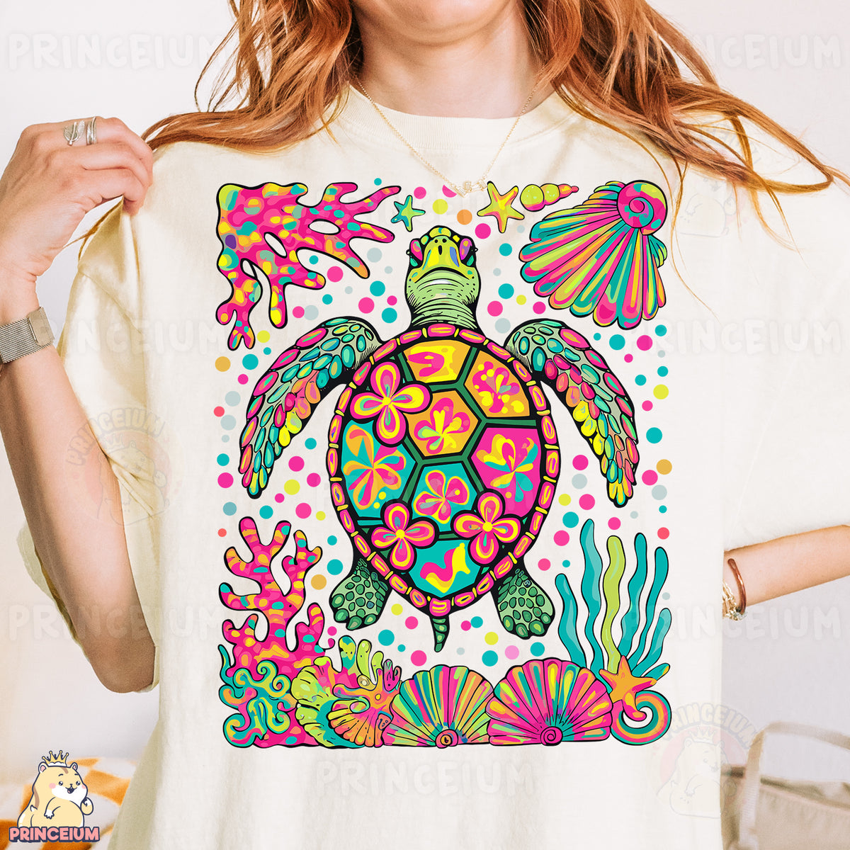 a woman wearing a t - shirt with a turtle on it