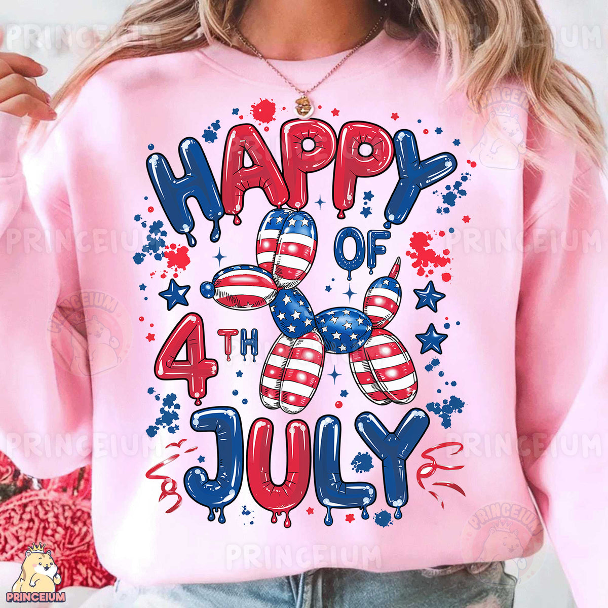 a woman wearing a pink happy 4th july sweatshirt