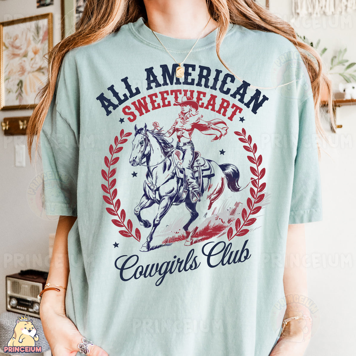 a woman wearing a t - shirt that says, all american sweet heart cowgirl
