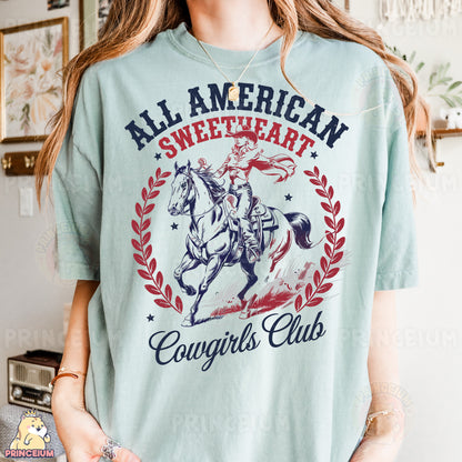 a woman wearing a t - shirt that says, all american sweet heart cowgirl